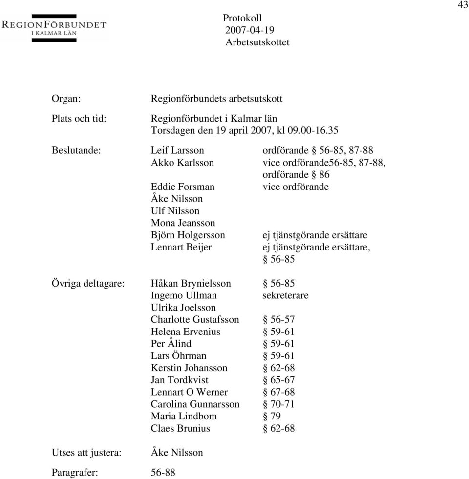 Holgersson ej tjänstgörande ersättare Lennart Beijer ej tjänstgörande ersättare, 56-85 Övriga deltagare: Håkan Brynielsson 56-85 Ingemo Ullman sekreterare Ulrika Joelsson Charlotte