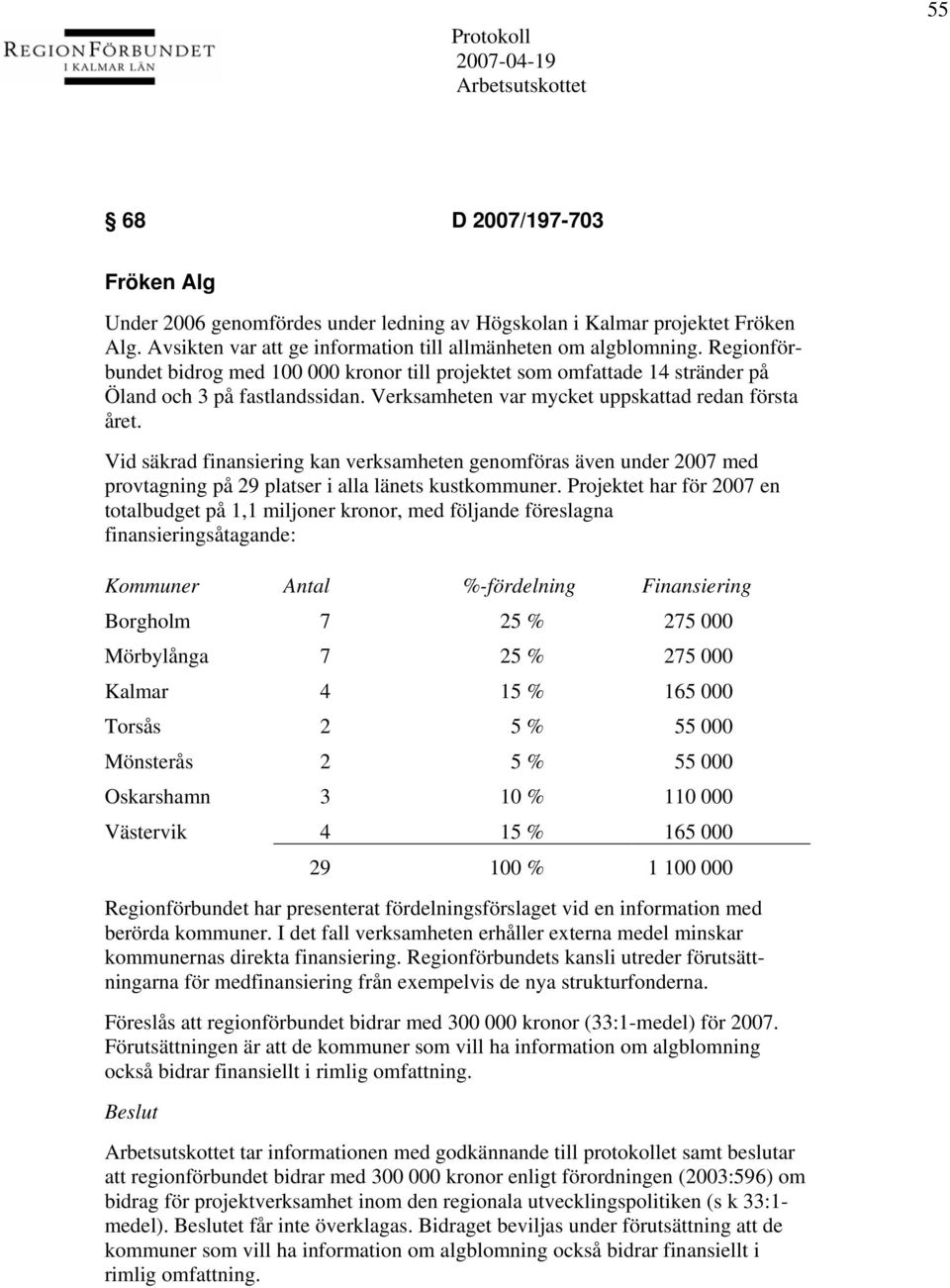 Vid säkrad finansiering kan verksamheten genomföras även under 2007 med provtagning på 29 platser i alla länets kustkommuner.