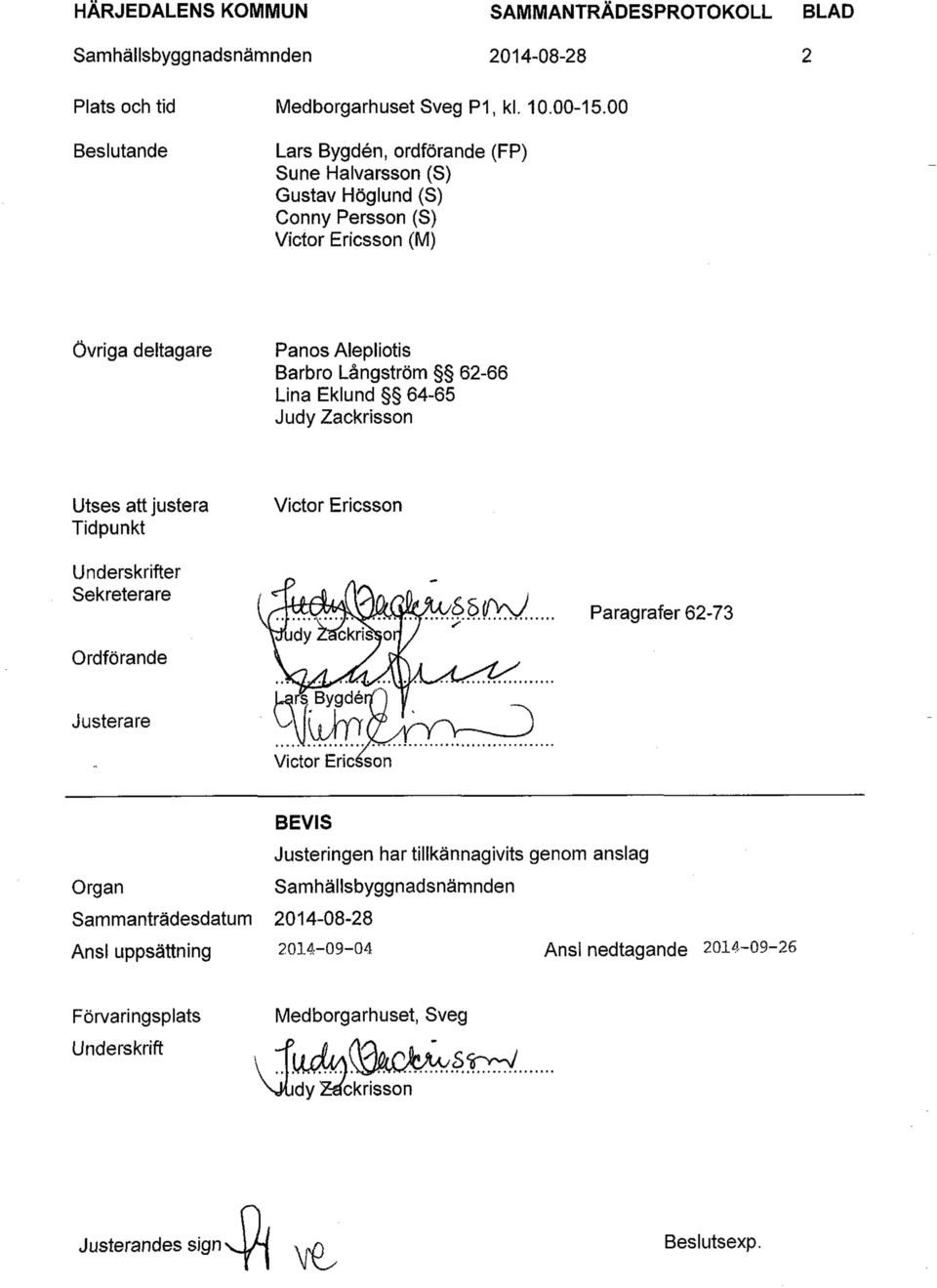 Langstrom 62-66 Una Eklund 64-65 Judy Zackrisson Utses attjustera Tidpunkt Victor Ericsson Underskrifter Sekreterare Paragrafer 62-73 Ordforande Justerare Victor