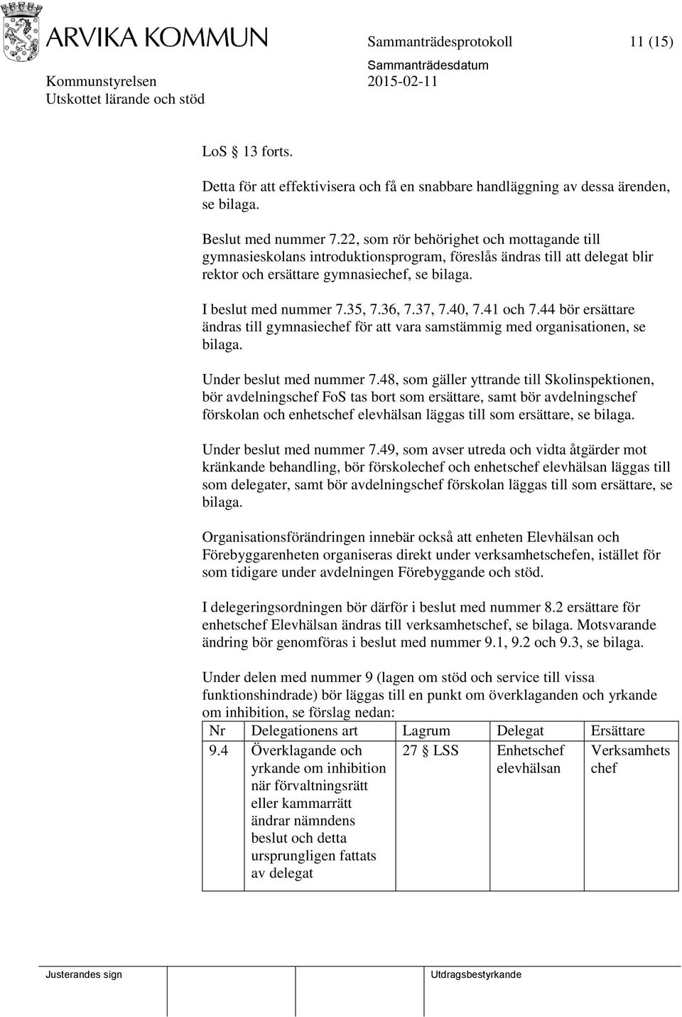 37, 7.40, 7.41 och 7.44 bör ersättare ändras till gymnasiechef för att vara samstämmig med organisationen, se bilaga. Under beslut med nummer 7.