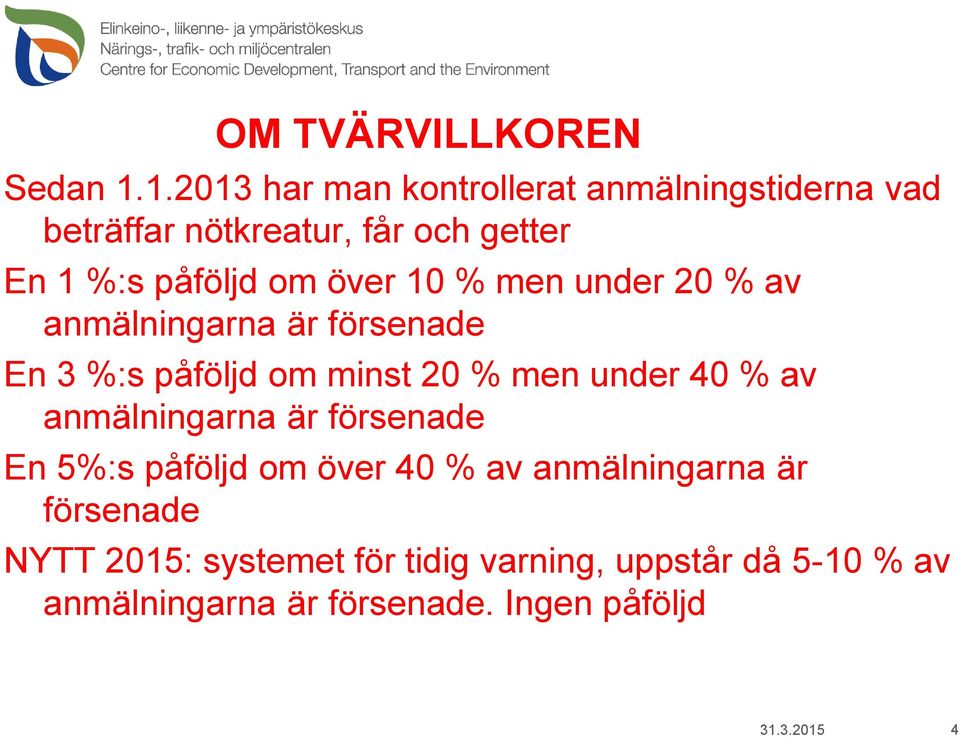 över 10 % men under 20 % av anmälningarna är försenade En 3 %:s påföljd om minst 20 % men under 40 % av