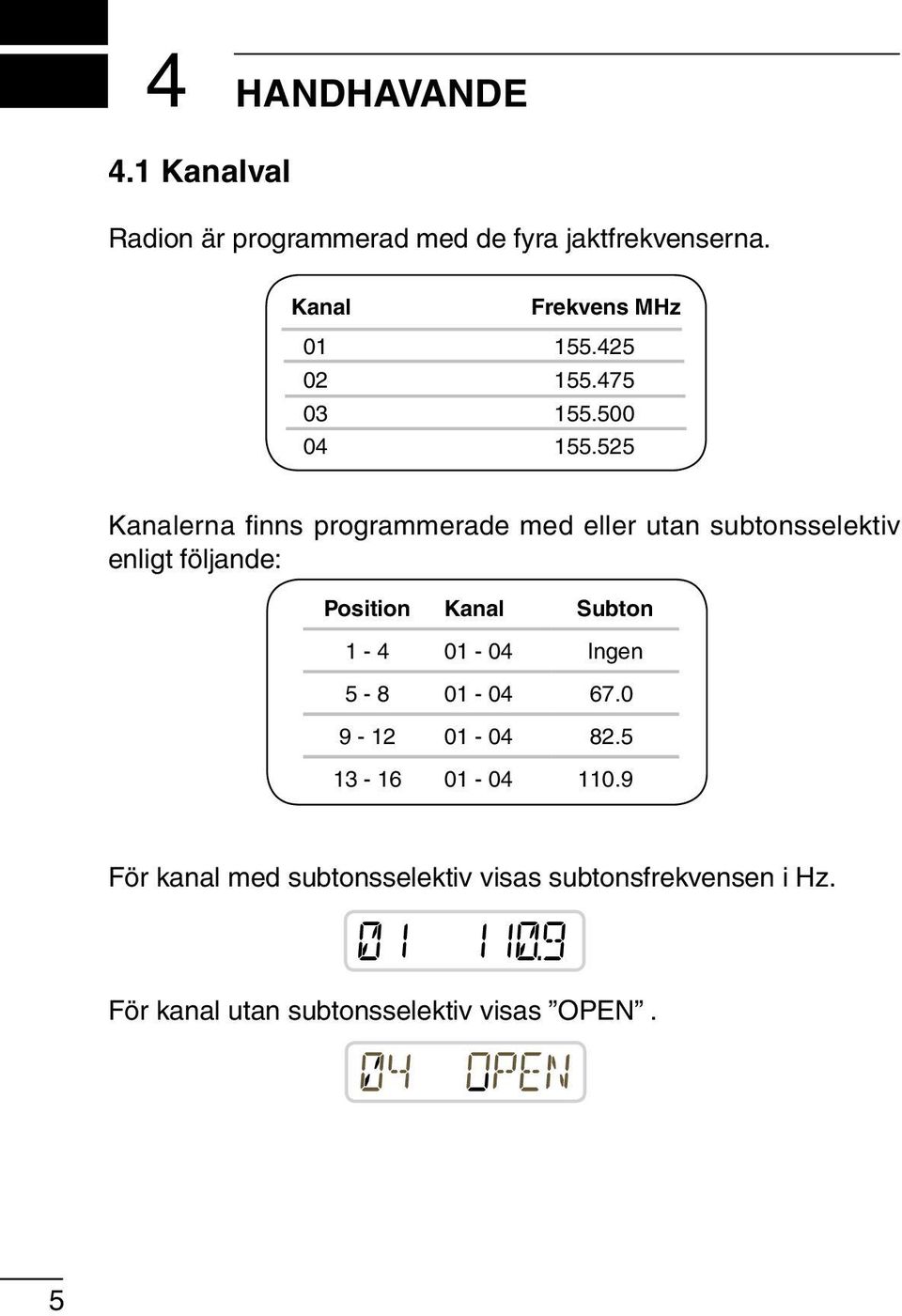 525 Kanalerna finns programmerade med eller utan subtonsselektiv enligt följande: Position Kanal