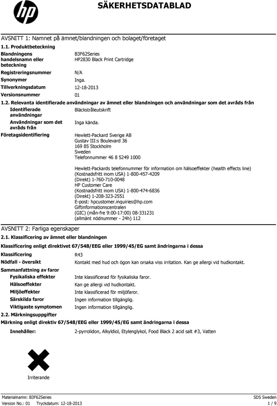 82013 Versionsnummer 01 1.2. Relevanta identifierade användningar av ämnet eller blandningen och användningar som det avråds från Identifierade användningar Användningar som det avråds från