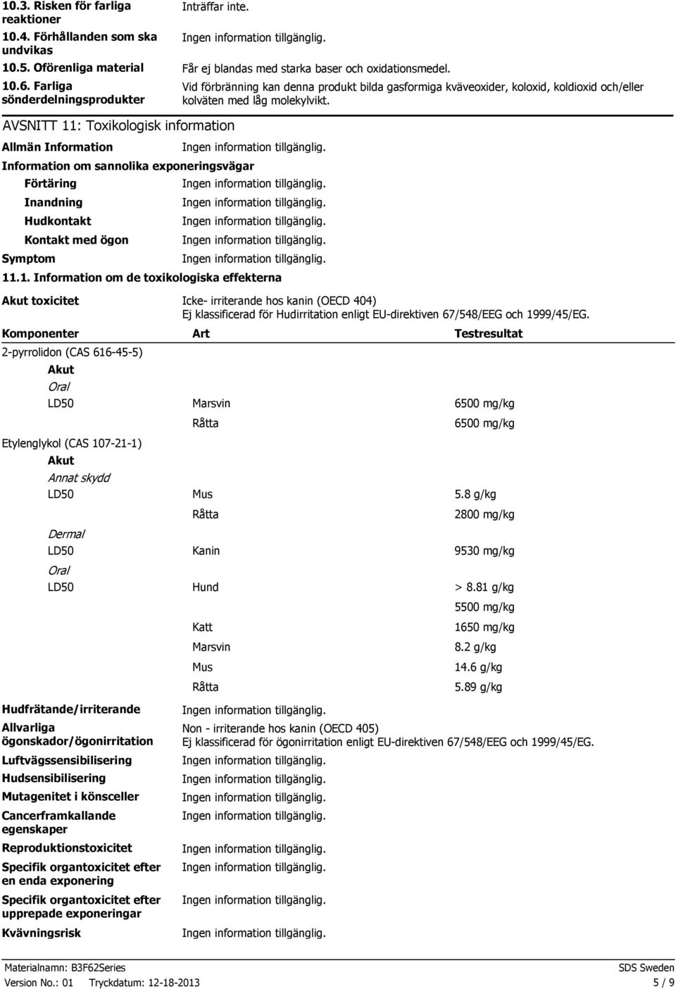 molekylvikt. Information om sannolika exponeringsvägar Förtäring Inandning Hudkontakt Kontakt med ögon Symptom 11