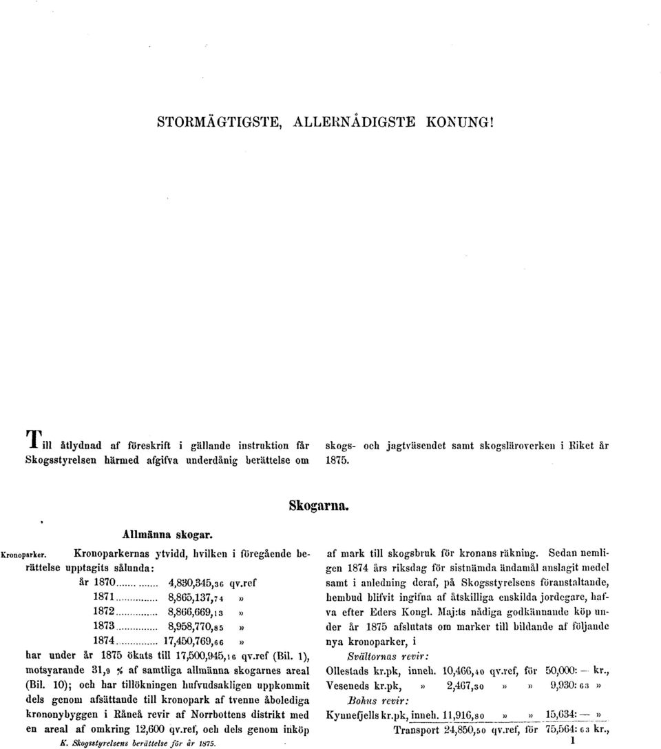 Allmänna skogar. Kronoparkernas ytvidd, hvilken i föregående berättelse upptagits sålunda: här under år 1875 ökats till 17,500,945,16 qv.ref (Bil.