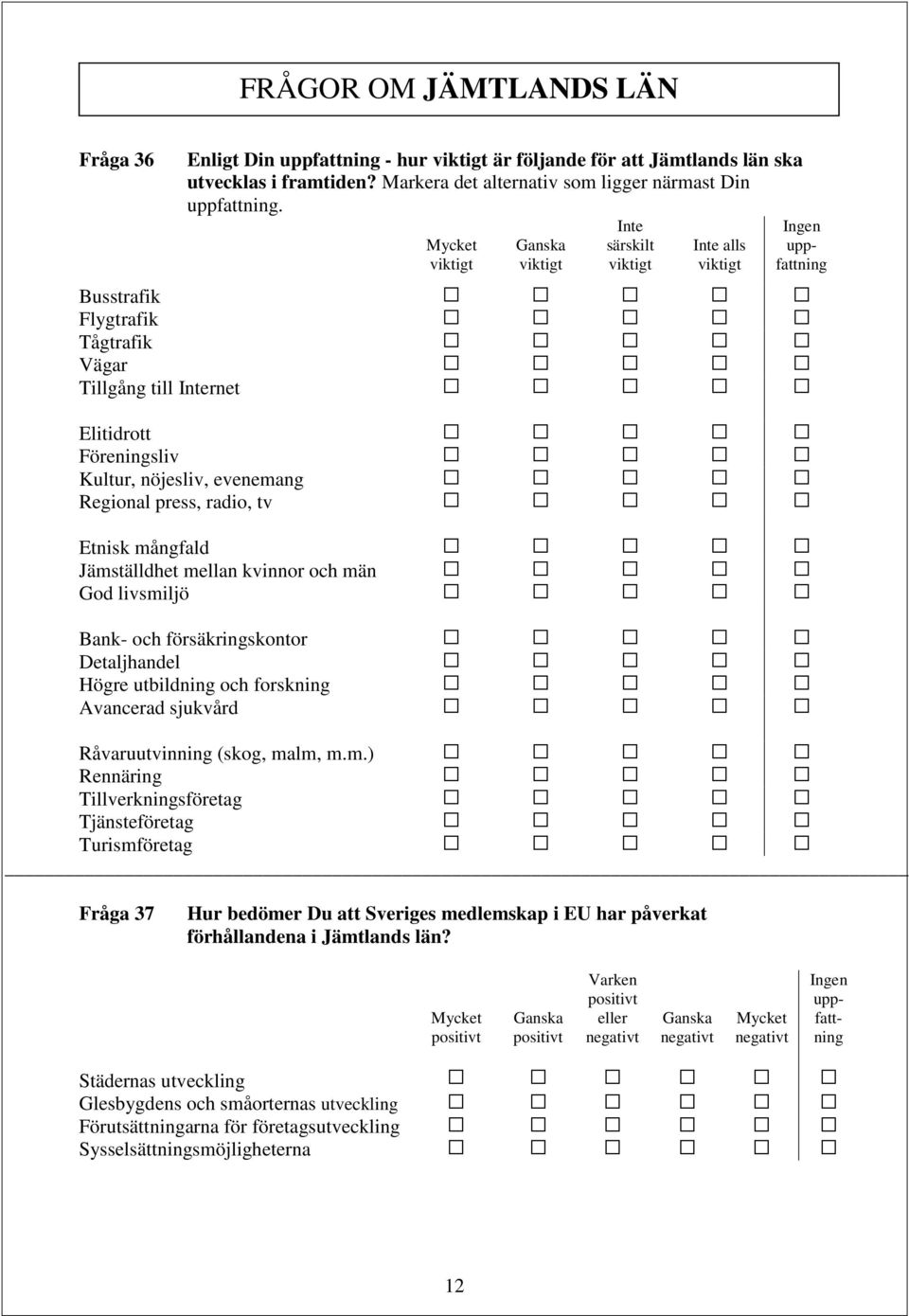 kvinnor och män God livsmiljö Bank- och försäkringskontor Detaljhandel Högre utbildning och forskning Avancerad sjukvård Råvaruutvinning (skog, malm, m.m.) Rennäring Tillverkningsföretag Tjänsteföretag Turismföretag Fråga 37 Hur bedömer Du att Sveriges medlemskap i EU har påverkat förhållandena i Jämtlands län?