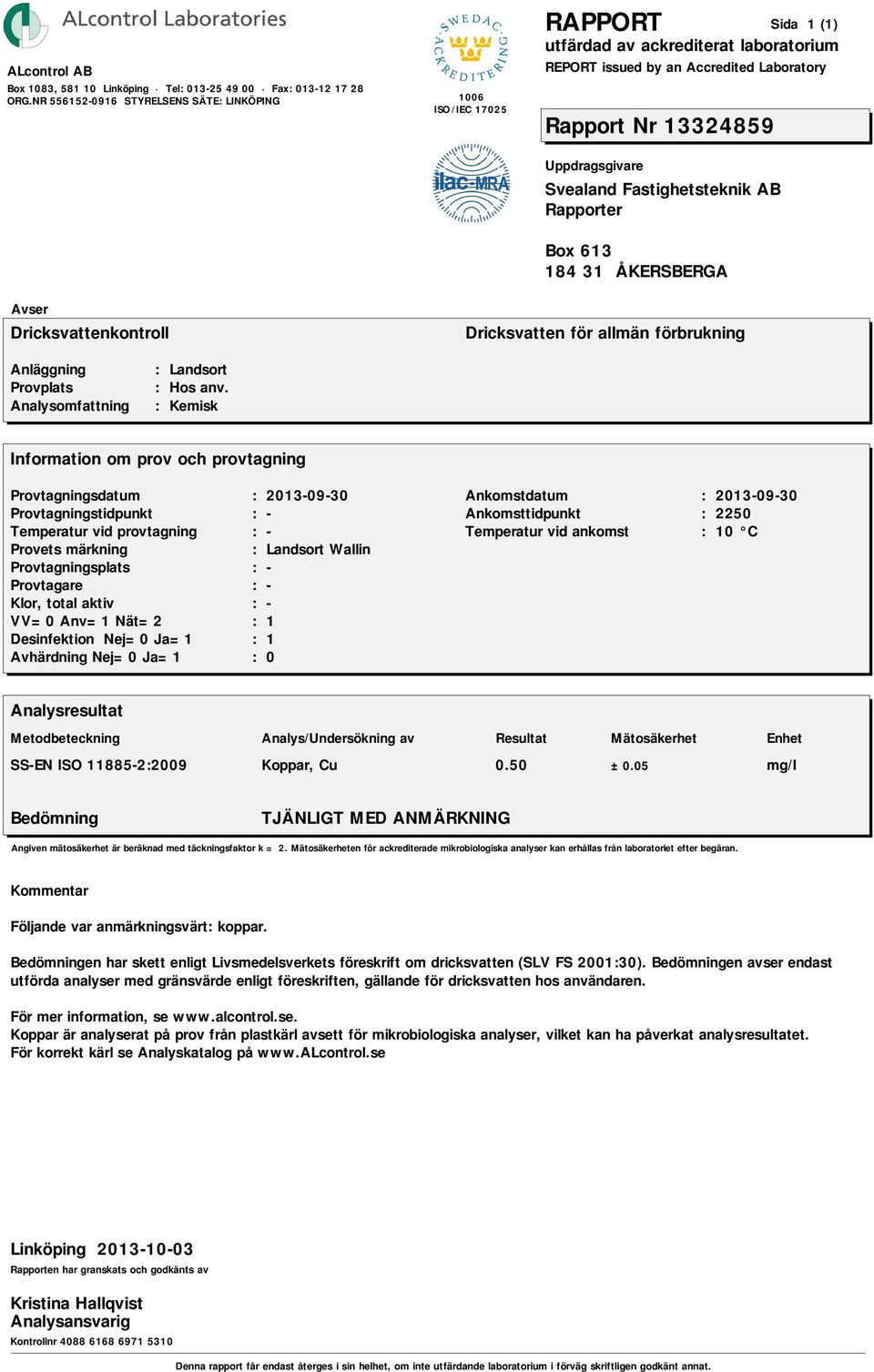 Koppar, Cu 0.50 ±0.05 TJÄNLIGT MED ANMÄRKNING Följande var anmärkningsvärt: koppar. en har skett enligt Livsmedelsverkets föreskrift om dricksvatten (SLV FS 2001:30).