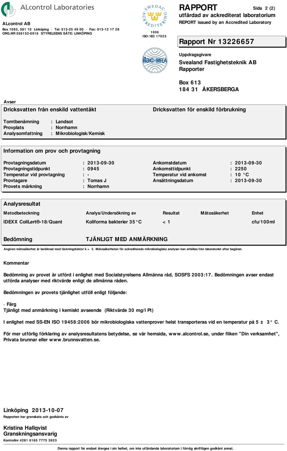 en av provets tjänlighet utföll enligt följande: Färg Tjänligt med anmärkning i kemiskt avseende (Riktvärde 30 Pt) I enlighet med SS-EN ISO 19458:2006 bör mikrobiologiska vattenprover helst