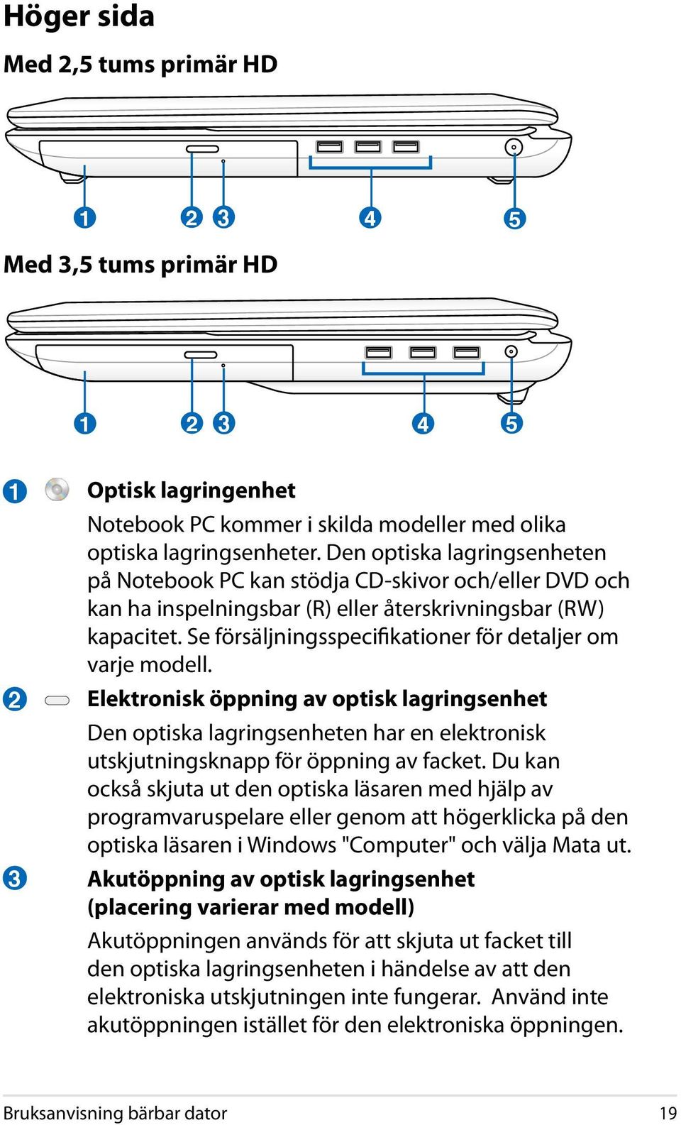 Se försäljningsspecifikationer för detaljer om varje modell. Elektronisk öppning av optisk lagringsenhet Den optiska lagringsenheten har en elektronisk utskjutningsknapp för öppning av facket.