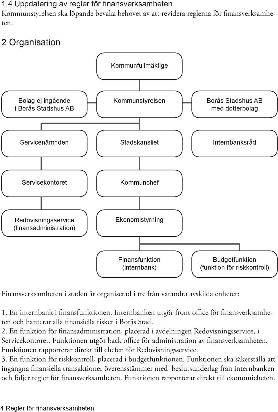 Redovisningsservice (finansadministration) Ekonomistyrning Finansfunktion (internbank) Budgetfunktion (funktion för riskkontroll) Finansverksamheten i staden är organiserad i tre från varandra