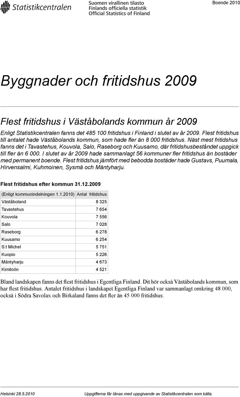 Näst mest fritidshus fanns det i Tavastehus, Kouvola, Salo, Raseborg och Kuusamo, där fritidshusbeståndet uppgick till fler än 6 000.