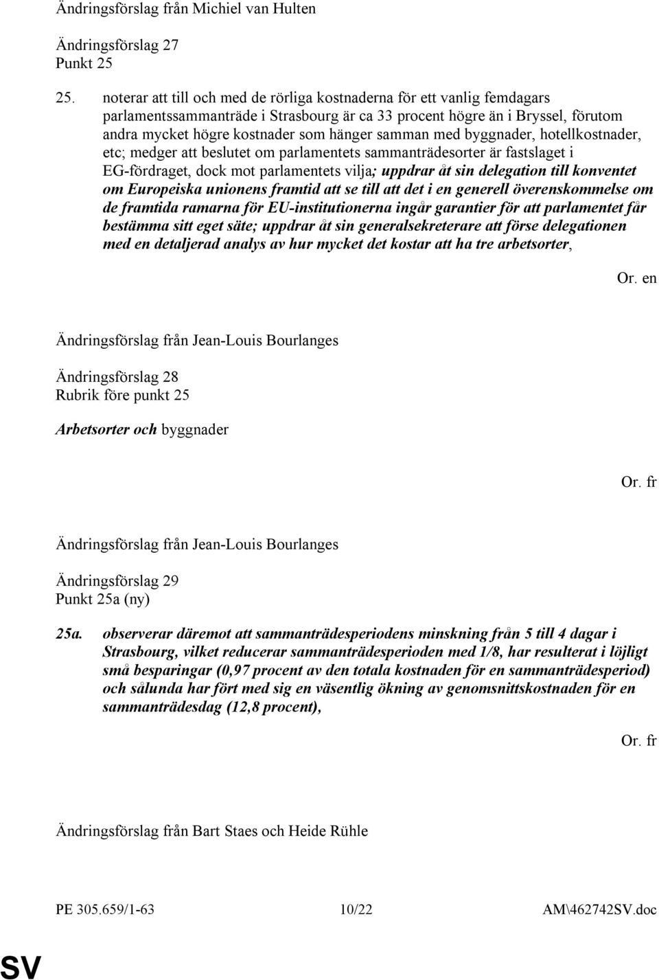 med byggnader, hotellkostnader, etc; medger att beslutet om parlamentets sammanträdesorter är fastslaget i EG-fördraget, dock mot parlamentets vilja; uppdrar åt sin delegation till konventet om