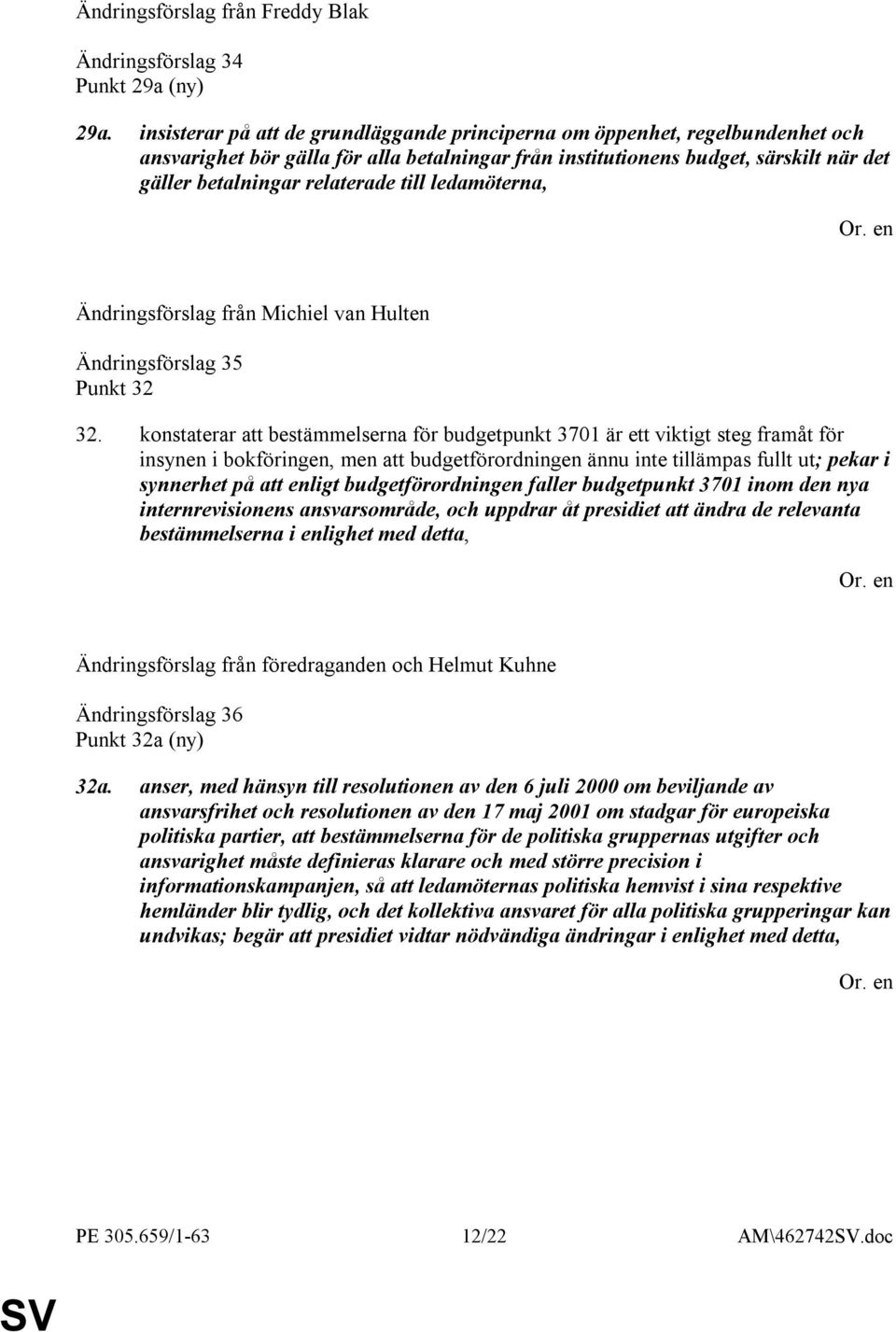 till ledamöterna, Ändringsförslag från Michiel van Hulten Ändringsförslag 35 Punkt 32 32.