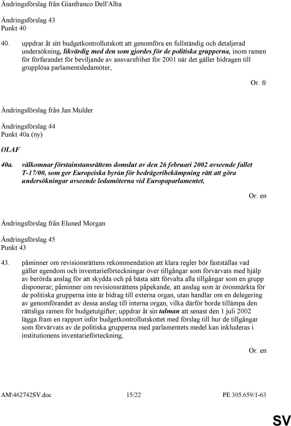 ansvarsfrihet för 2001 när det gäller bidragen till grupplösa parlamentsledamöter, Or. fr Ändringsförslag från Jan Mulder Ändringsförslag 44 Punkt 40a (ny) OLAF 40a.
