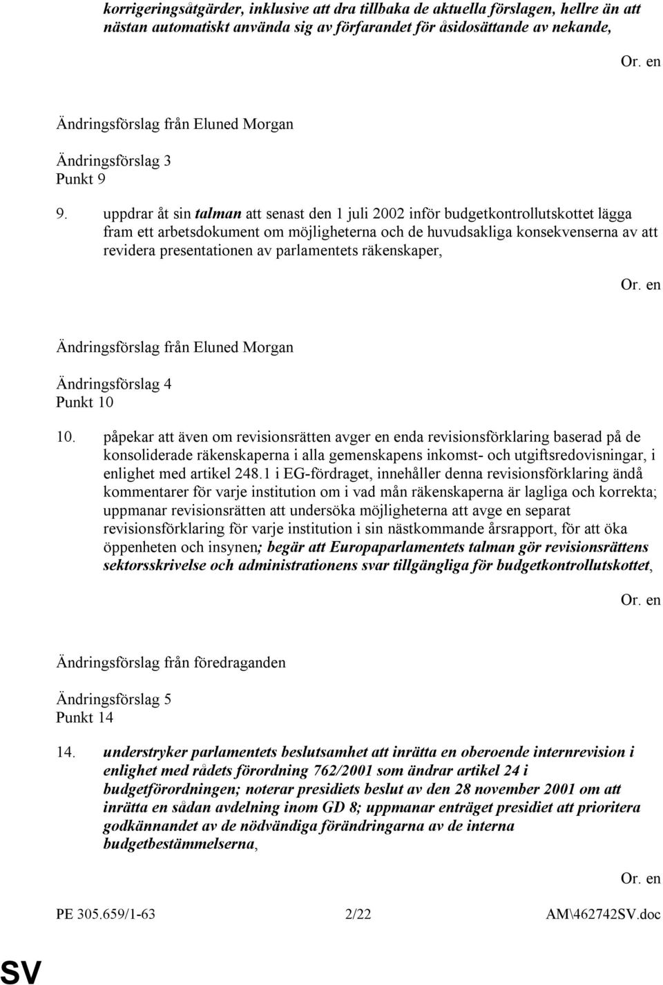 parlamentets räkenskaper, Ändringsförslag 4 Punkt 10 10.