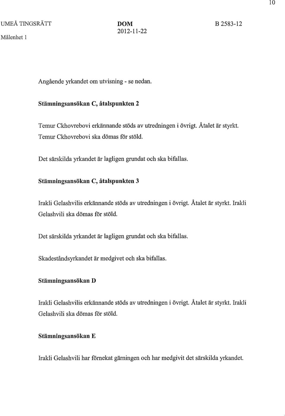 stämningsansökan c, åtalspunkten 3 Irakli Gelashvilis erkännande stöds av utredningen i övrigt. Åtalet är styrkt. Irakli Gelashvili ska dömas för stöld.