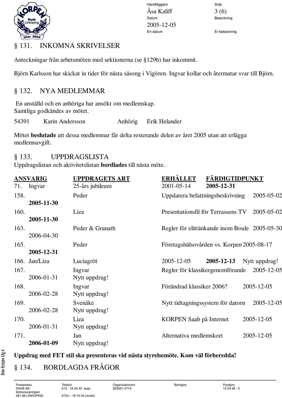 54391 Karin Andersson Anhörig Erik Helander Mötet beslutade att dessa medlemmar får delta resterande delen av året 2005 utan att erlägga medlemsavgift. 133.