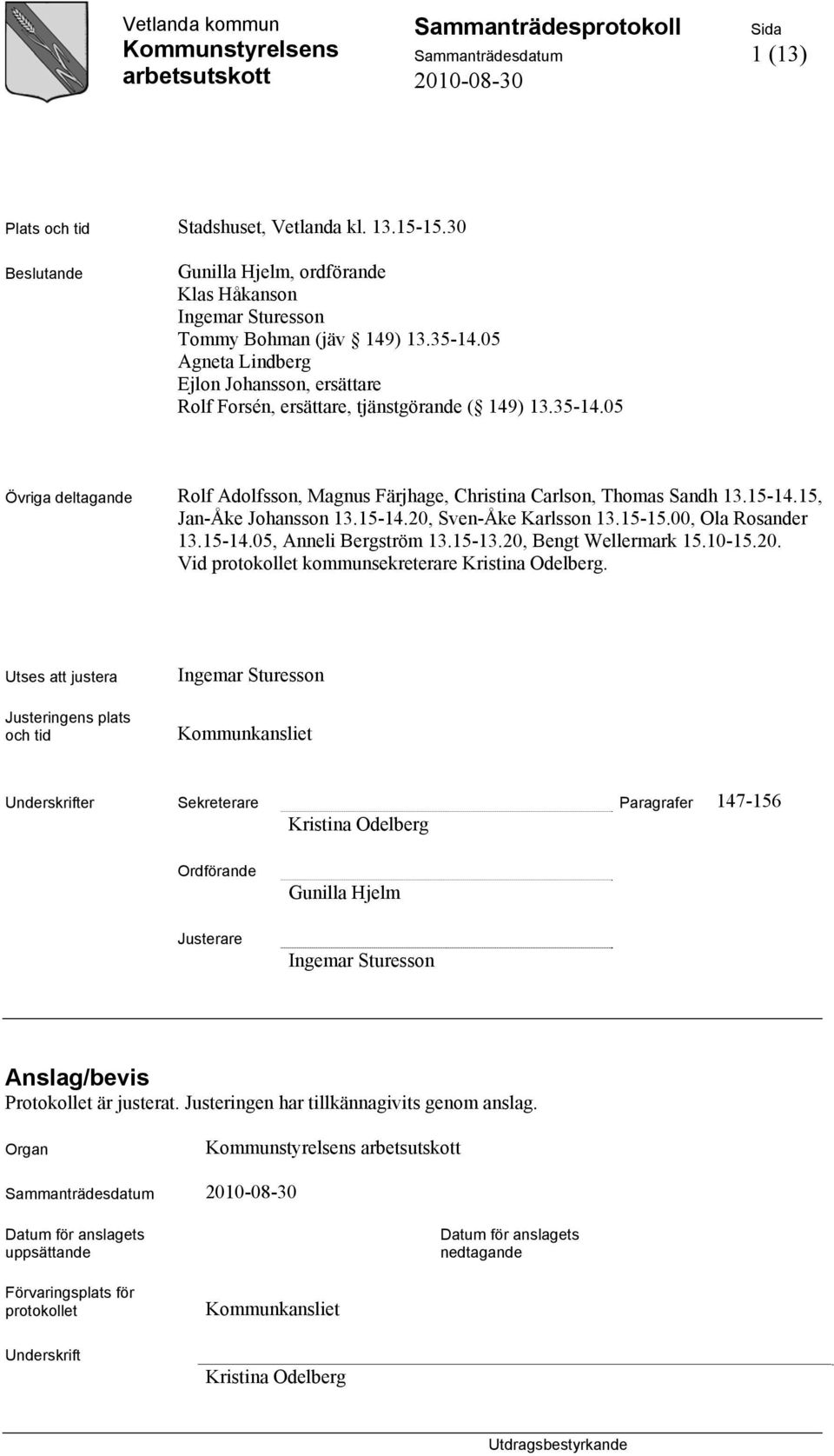 15, Jan-Åke Johansson 13.15-14.20, Sven-Åke Karlsson 13.15-15.00, Ola Rosander 13.15-14.05, Anneli Bergström 13.15-13.20, Bengt Wellermark 15.10-15.20. Vid protokollet kommunsekreterare Kristina Odelberg.