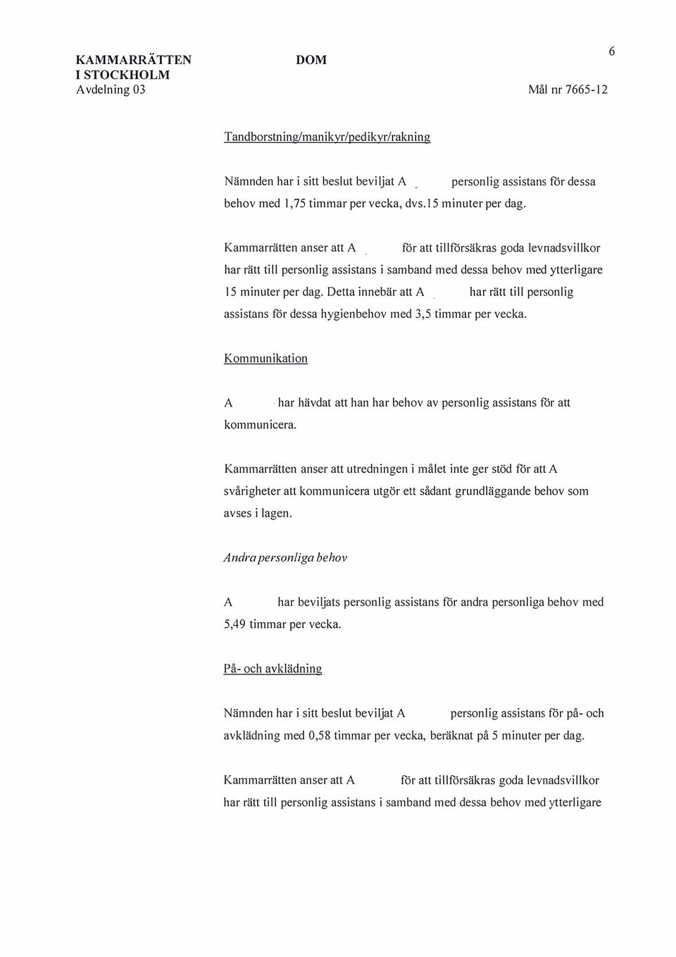 Detta innebär att _ har rätt till personlig assistans för dessa hygienbehov med 3,5 timmar per vecka. Kommunikation kommunicera.