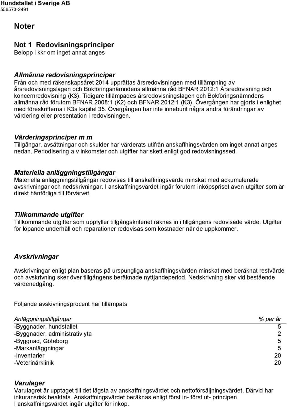 Tidigare tillämpades årsredovisningslagen och Bokföringsnämndens allmänna råd förutom BFNAR 2008:1 (K2) och BFNAR 2012:1 (K3). Övergången har gjorts i enlighet med föreskrifterna i K3s kapitel 35.