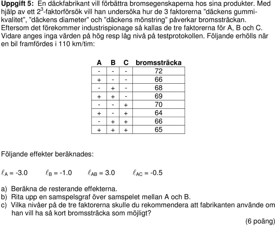 Eftersom det förekommer industrispionage så kallas de tre faktorerna för A, B och C. Vidare anges inga värden på hög resp låg nivå på testprotokollen.