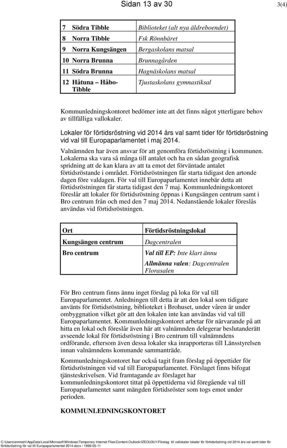 Lokaler för förtidsröstning vid 2014 års val samt tider för förtidsröstning vid val till Europaparlamentet i maj 2014. Valnämnden har även ansvar för att genomföra förtidsröstning i kommunen.