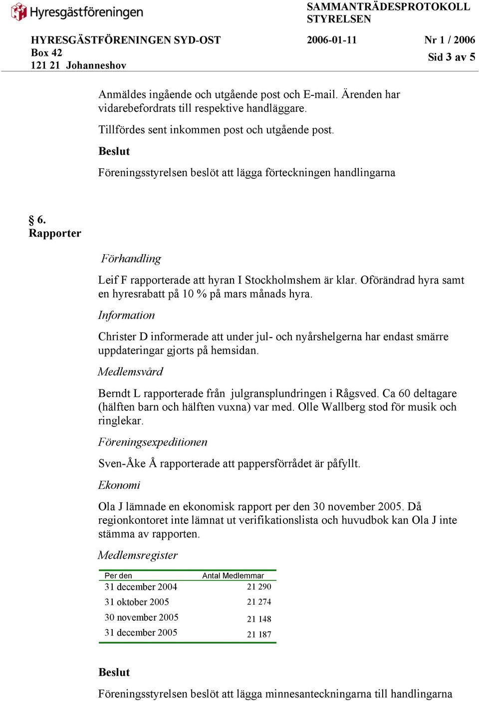 Oförändrad hyra samt en hyresrabatt på 10 % på mars månads hyra. Information Christer D informerade att under jul- och nyårshelgerna har endast smärre uppdateringar gjorts på hemsidan.