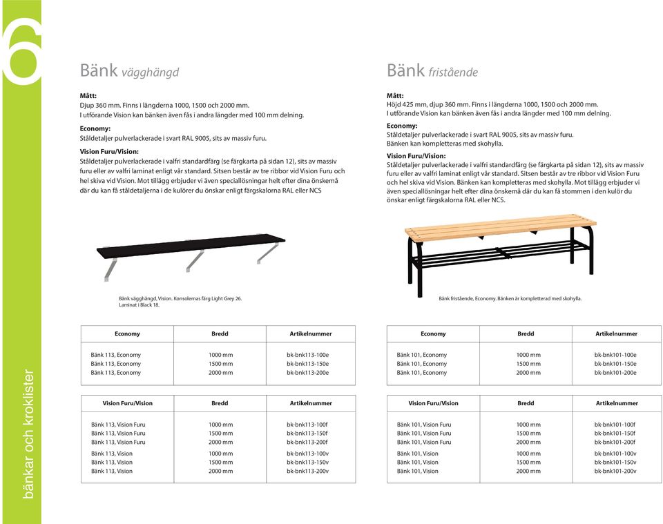 Vision Furu/Vision: Ståldetaljer pulverlackerade i valfri standardfärg (se färgkarta på sidan 12), sits av massiv furu eller av valfri laminat enligt vår standard.