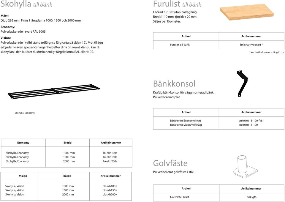 Furulist till bänk Lackad furulist utan håltagning. 110 mm, tjocklek 20 mm. Säljes per löpmeter.