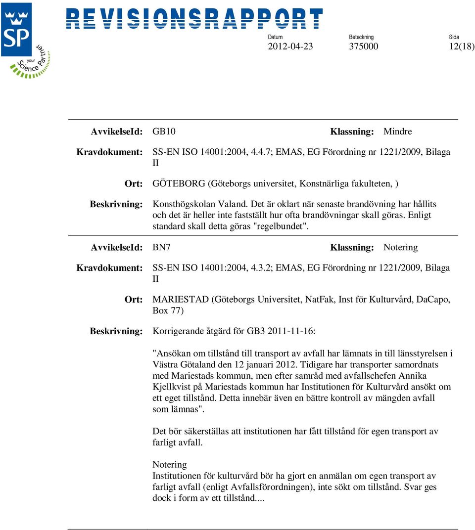 AvvikelseId: BN7 Kravdokument: SS-EN ISO 14001:2004, 4.3.