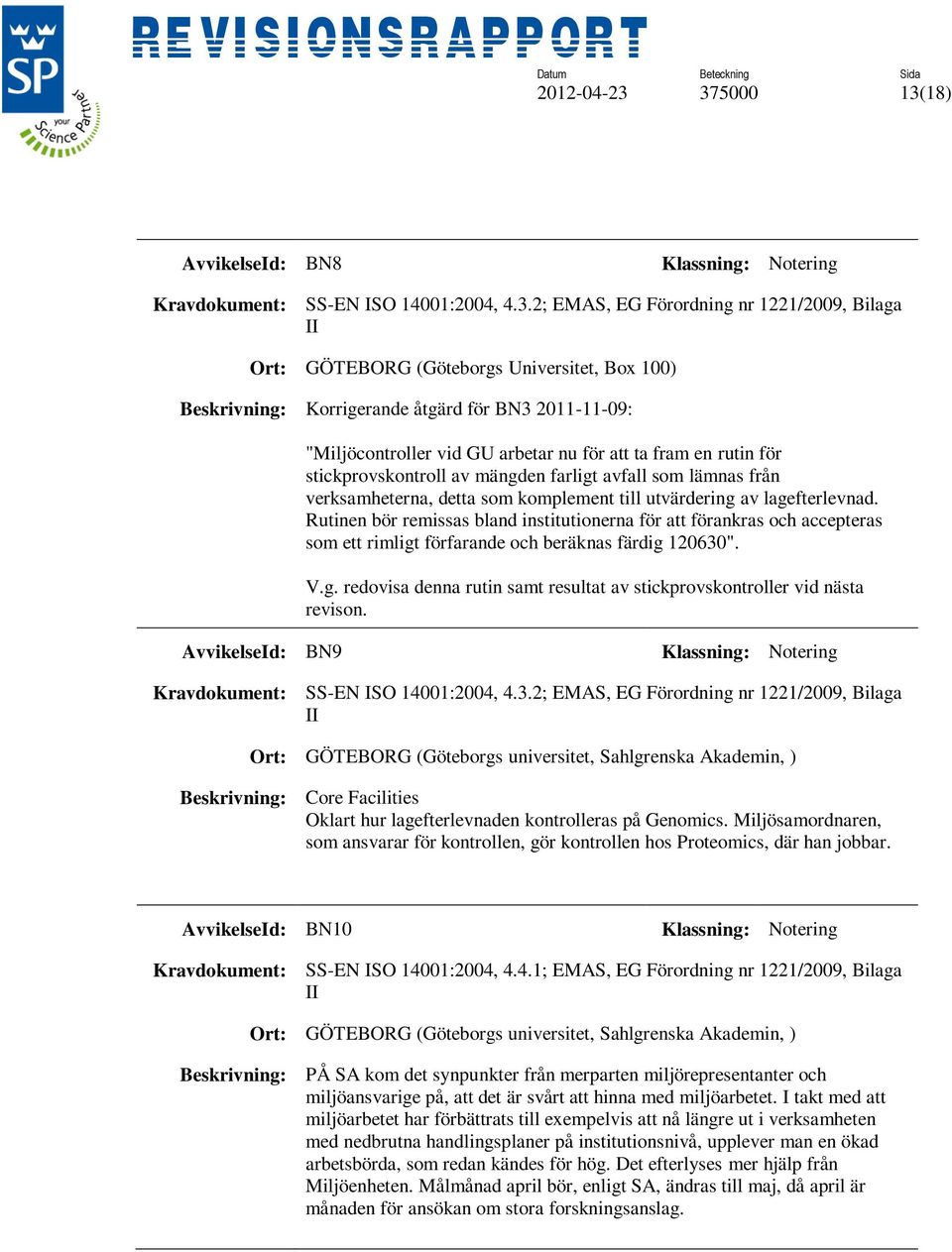 BN3 2011-11-09: "Miljöcontroller vid GU arbetar nu för att ta fram en rutin för stickprovskontroll av mängden farligt avfall som lämnas från verksamheterna, detta som komplement till utvärdering av