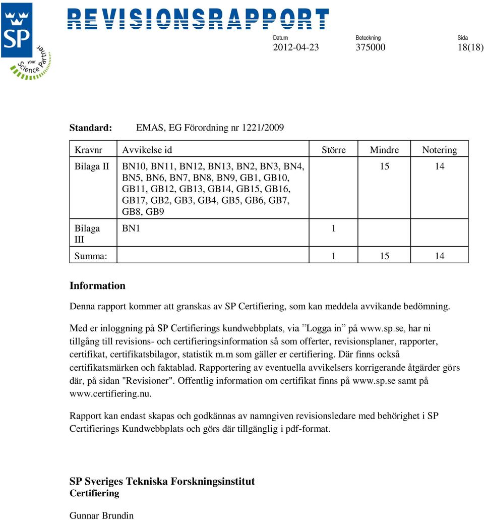 avvikande bedömning. Med er inloggning på SP Certifierings kundwebbplats, via Logga in på www.sp.