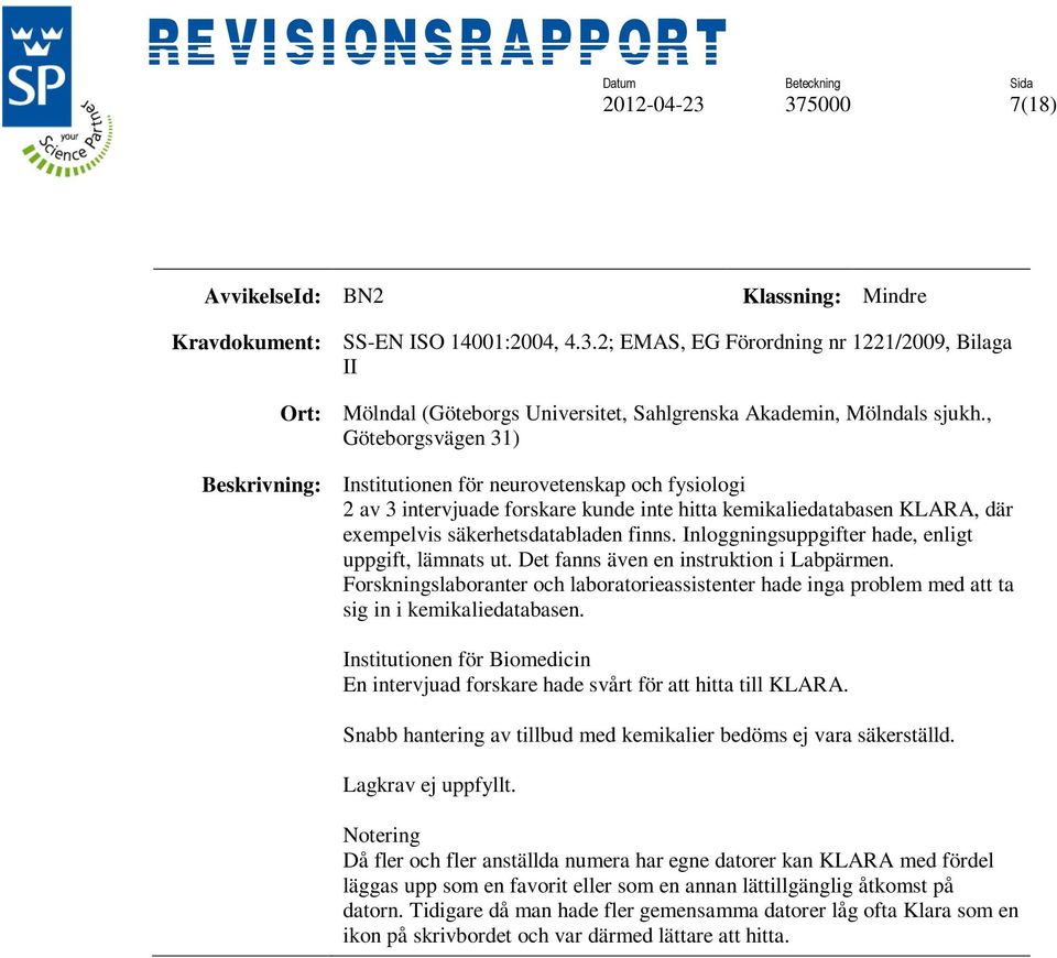 Inloggningsuppgifter hade, enligt uppgift, lämnats ut. Det fanns även en instruktion i Labpärmen.