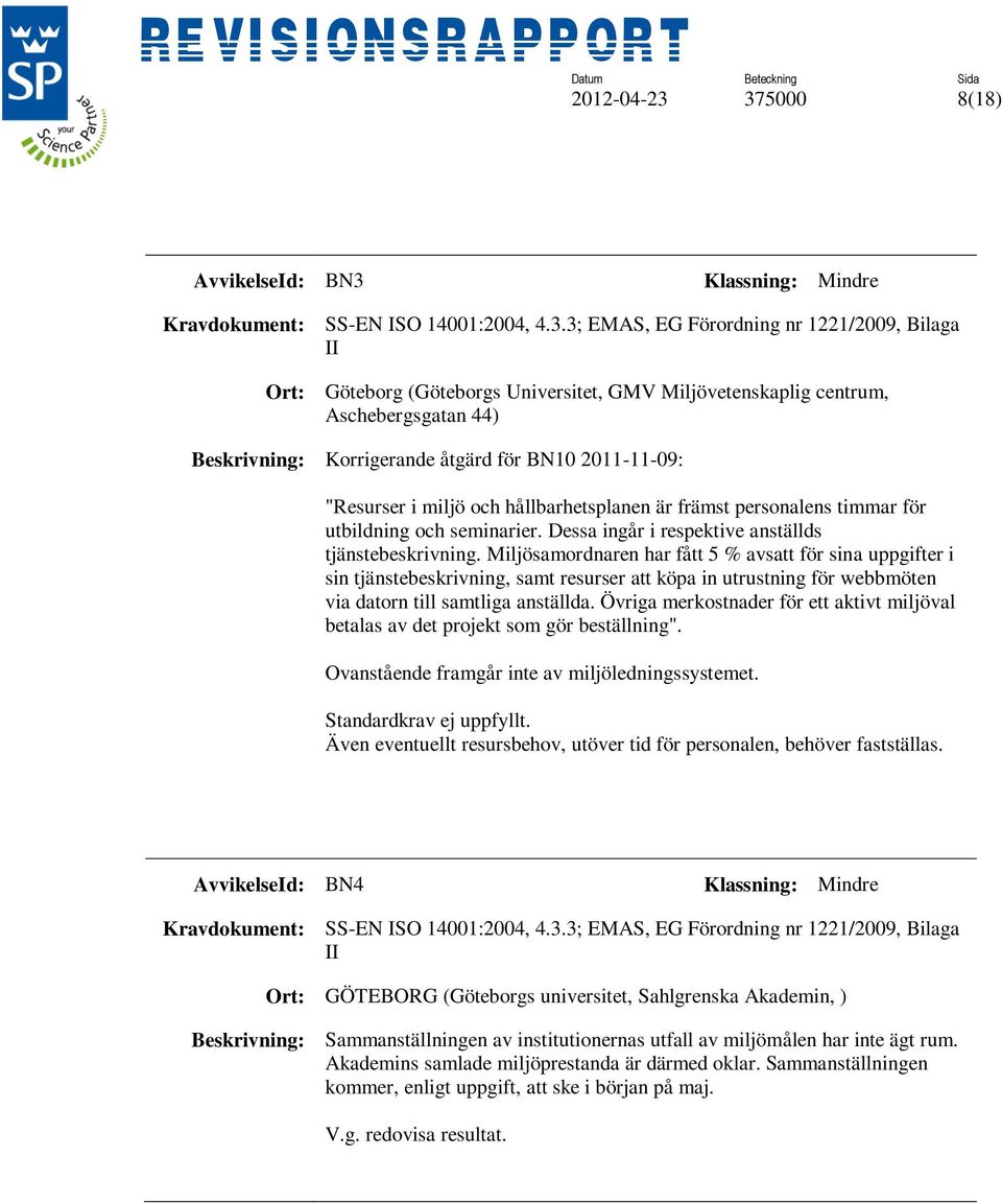 44) Beskrivning: Korrigerande åtgärd för BN10 2011-11-09: "Resurser i miljö och hållbarhetsplanen är främst personalens timmar för utbildning och seminarier.