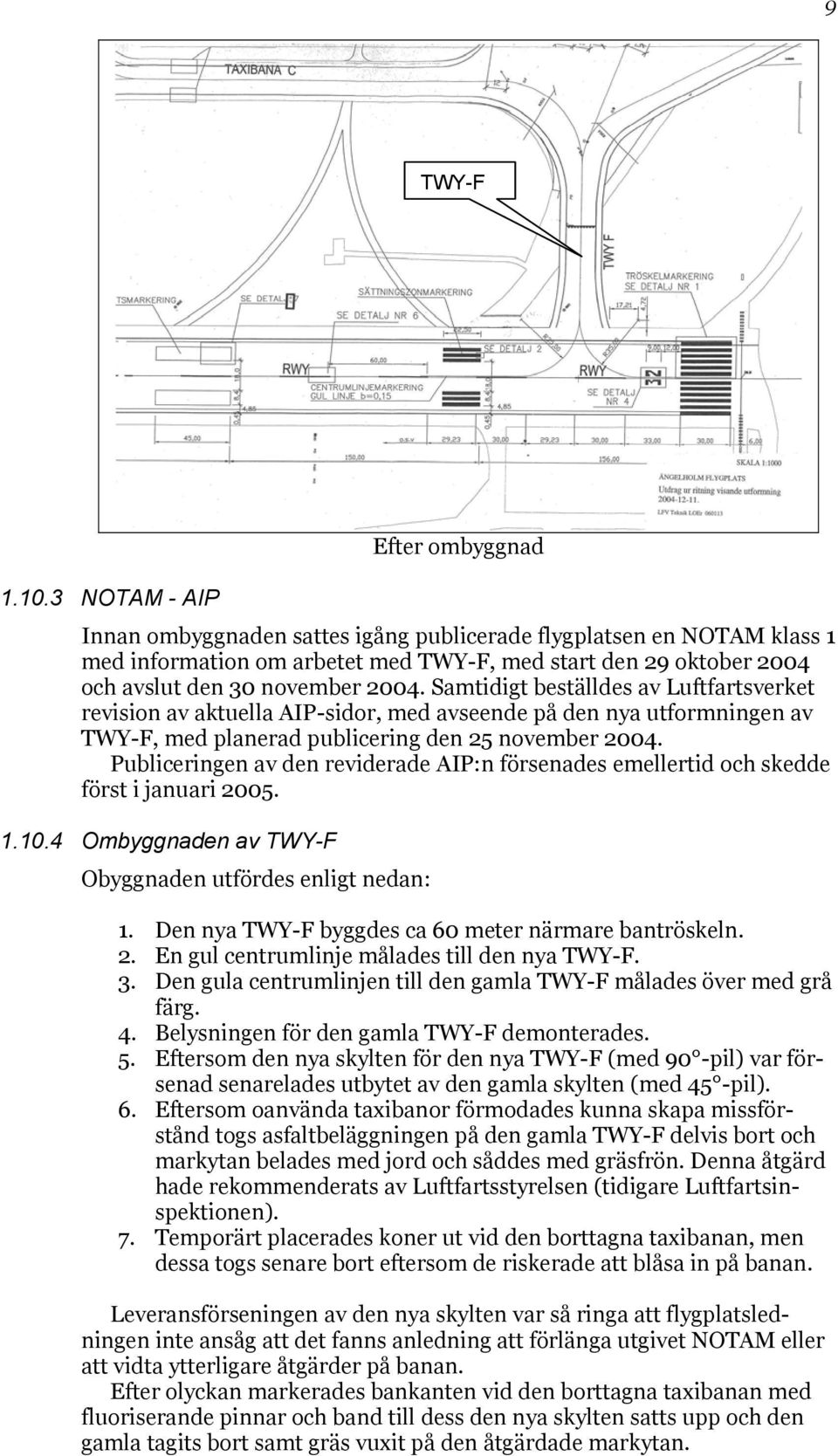 Samtidigt beställdes av Luftfartsverket revision av aktuella AIP-sidor, med avseende på den nya utformningen av TWY-F, med planerad publicering den 25 november 2004.