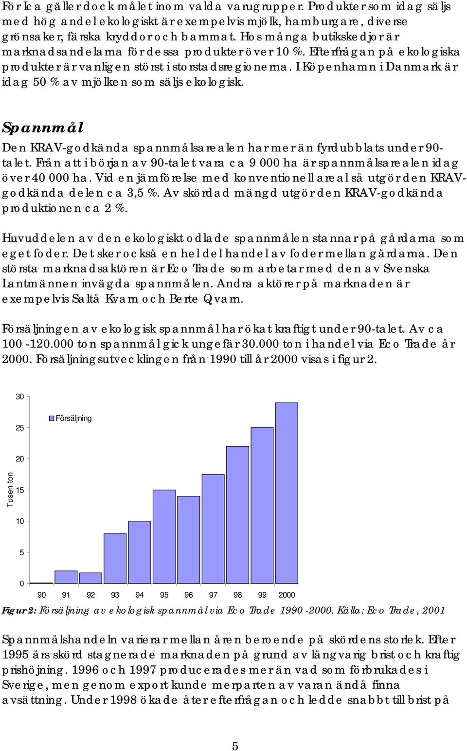 I Köpenhamn i Danmark är idag 50 % av mjölken som säljs ekologisk. Spannmål Den KRAV-godkända spannmålsarealen har mer än fyrdubblats under 90- talet.