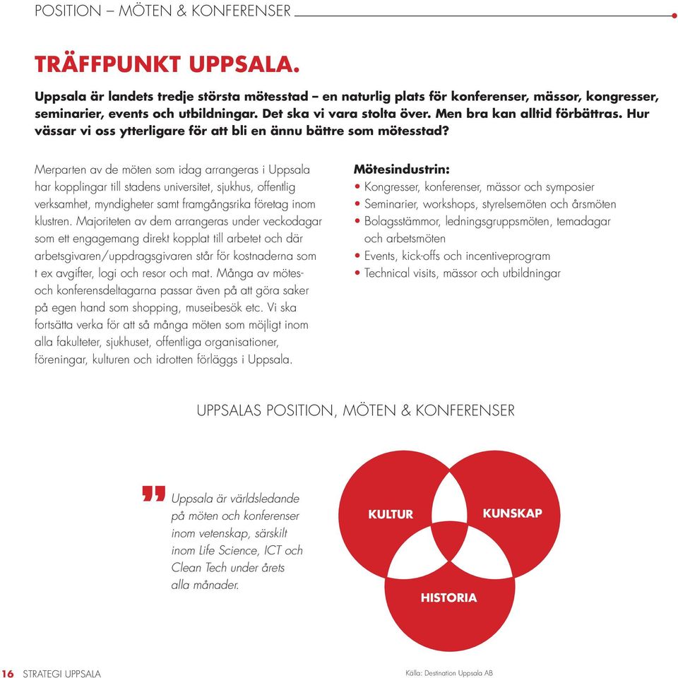 Merparten av de möten som idag arrangeras i Uppsala har kopplingar till stadens universitet, sjukhus, offentlig verksamhet, myndigheter samt framgångsrika företag inom klustren.