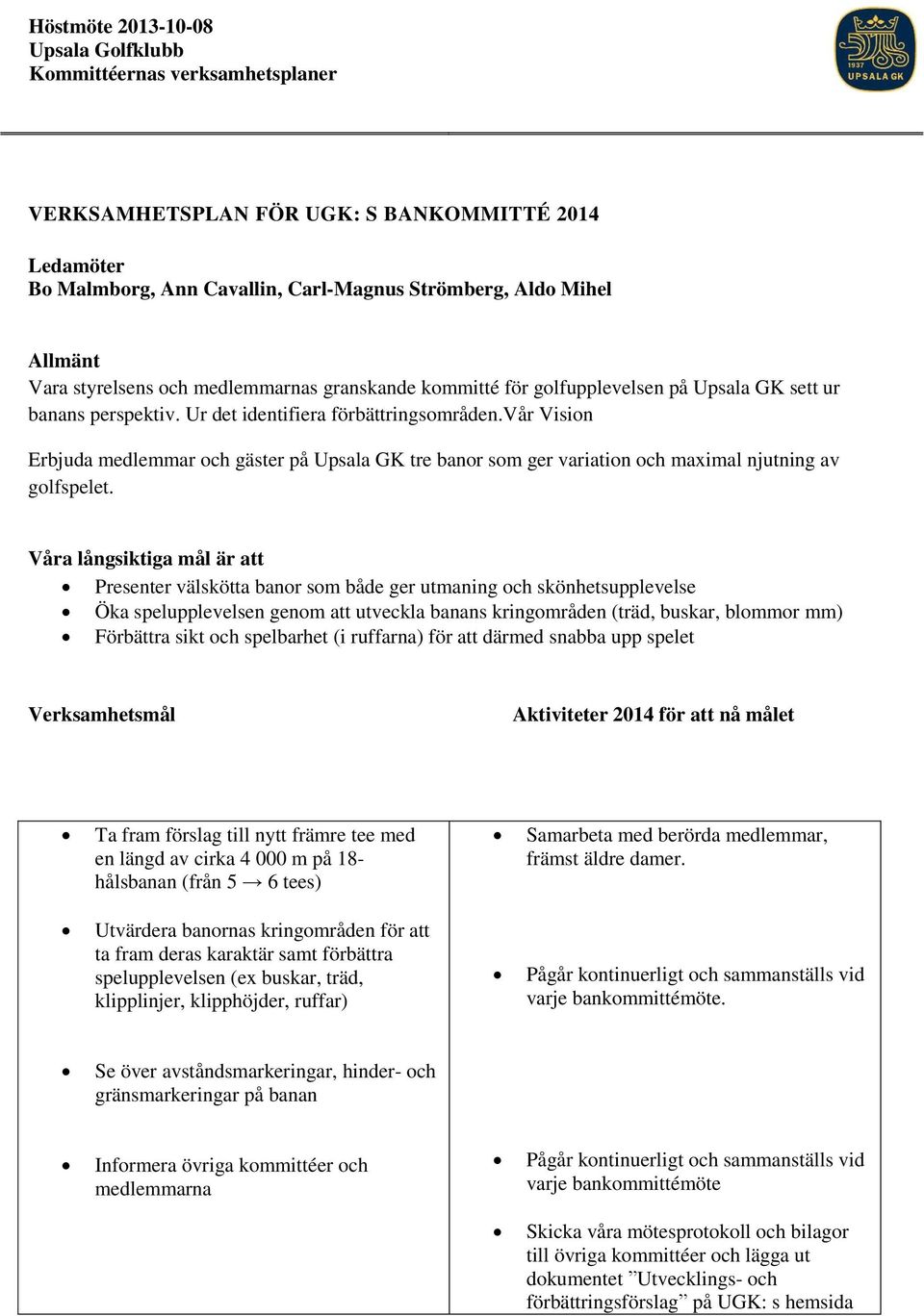 Våra långsiktiga mål är att Presenter välskötta banor som både ger utmaning och skönhetsupplevelse Öka spelupplevelsen genom att utveckla banans kringområden (träd, buskar, blommor mm) Förbättra sikt