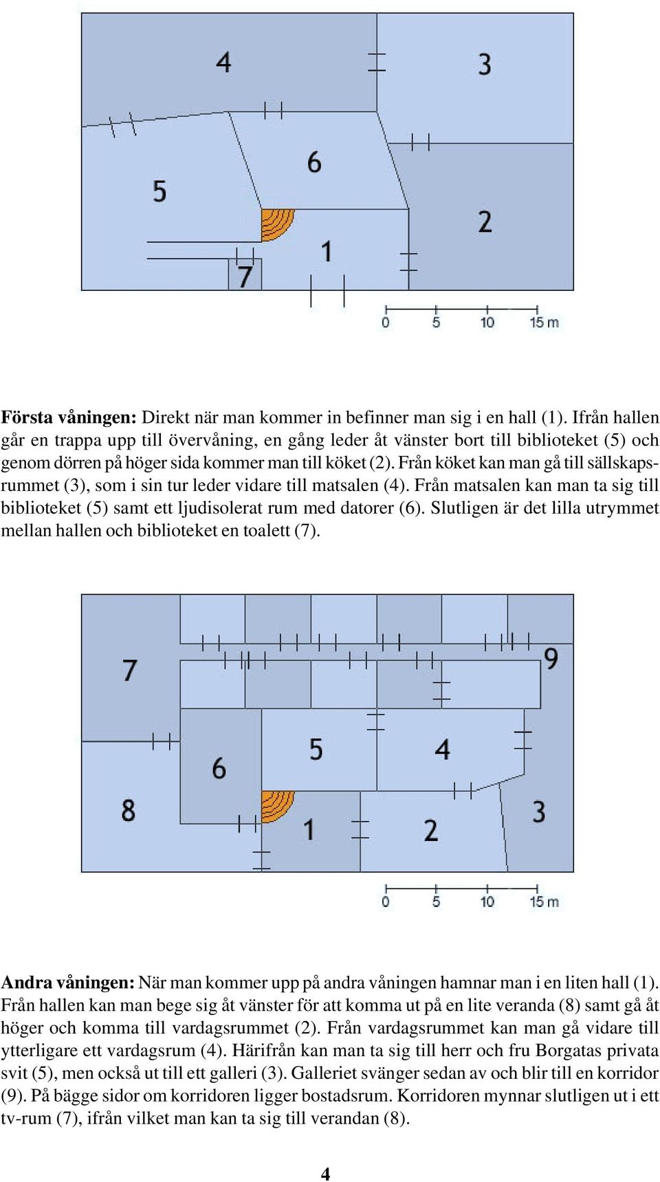 Från köket kan man gå till sällskapsrummet (3), som i sin tur leder vidare till matsalen (4). Från matsalen kan man ta sig till biblioteket (5) samt ett ljudisolerat rum med datorer (6).