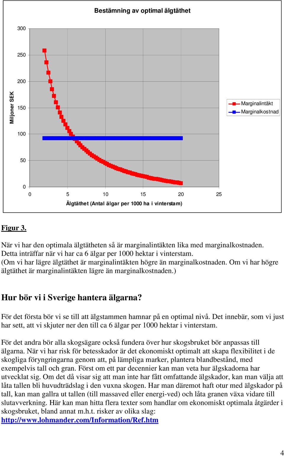 (Om vi har lägre älgtäthet är marginalintäkten högre än marginalkostnaden. Om vi har högre älgtäthet är marginalintäkten lägre än marginalkostnaden.) Hur bör vi i Sverige hantera älgarna?