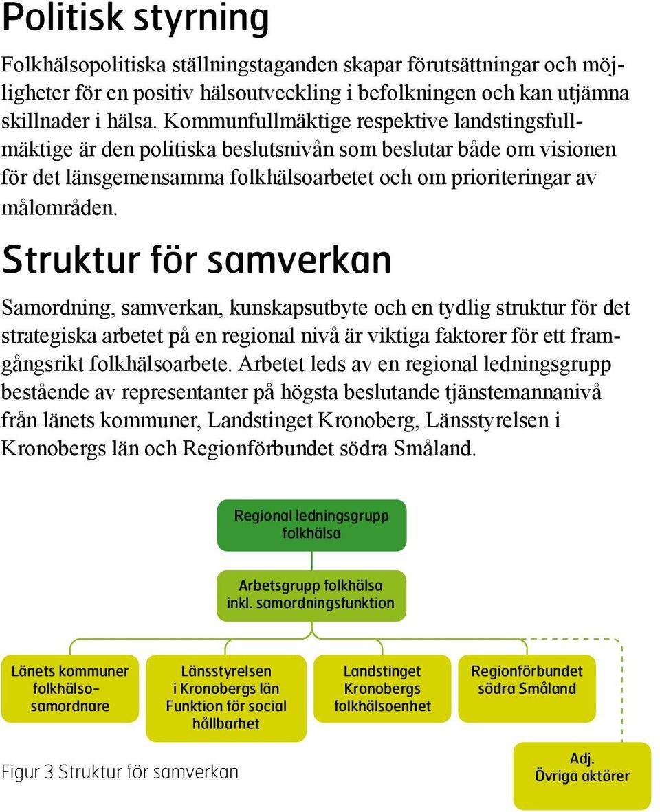 Struktur för samverkan Samordning, samverkan, kunskapsutbyte och en tydlig struktur för det strategiska arbetet på en regional nivå är viktiga faktorer för ett framgångsrikt folkhälsoarbete.