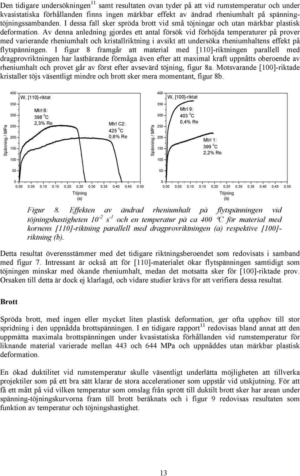 Av denna anledning gjordes ett antal försök vid förhöjda temperaturer på prover med varierande rheniumhalt och kristallriktning i avsikt att undersöka rheniumhaltens effekt på flytspänningen.
