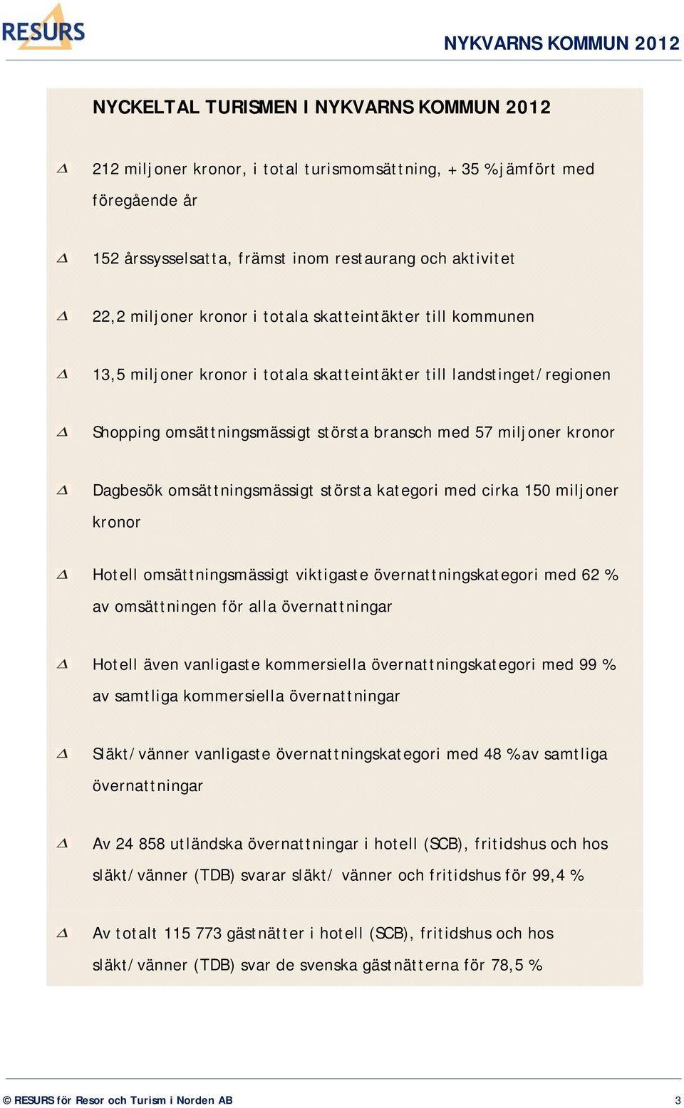 omsättningsmässigt största kategori med cirka 150 miljoner kronor Hotell omsättningsmässigt viktigaste övernattningskategori med 62 % av omsättningen för alla övernattningar Hotell även vanligaste