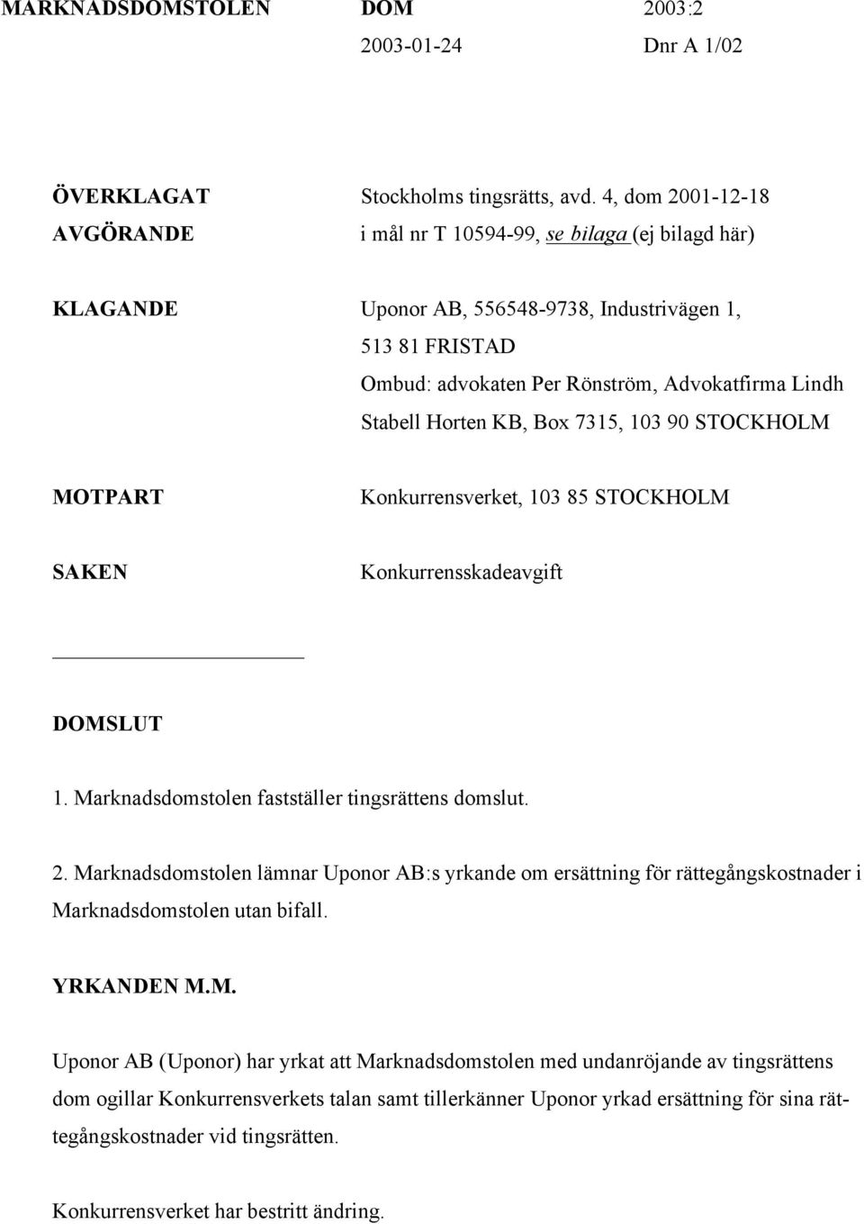 Horten KB, Box 7315, 103 90 STOCKHOLM MOTPART Konkurrensverket, 103 85 STOCKHOLM SAKEN Konkurrensskadeavgift DOMSLUT 1. Marknadsdomstolen fastställer tingsrättens domslut. 2.