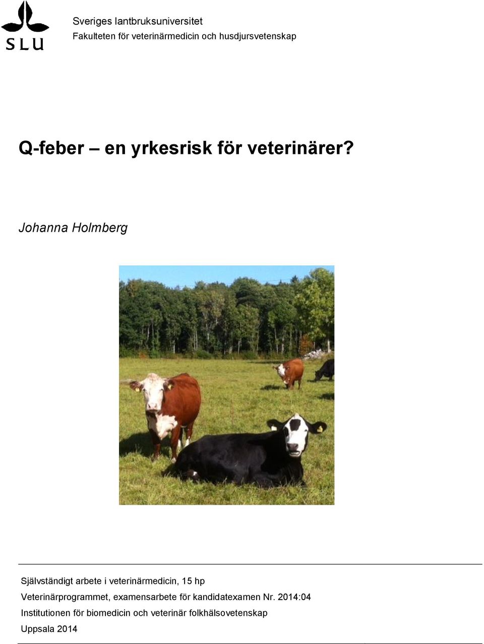 Johanna Holmberg Självständigt arbete i veterinärmedicin, 15 hp