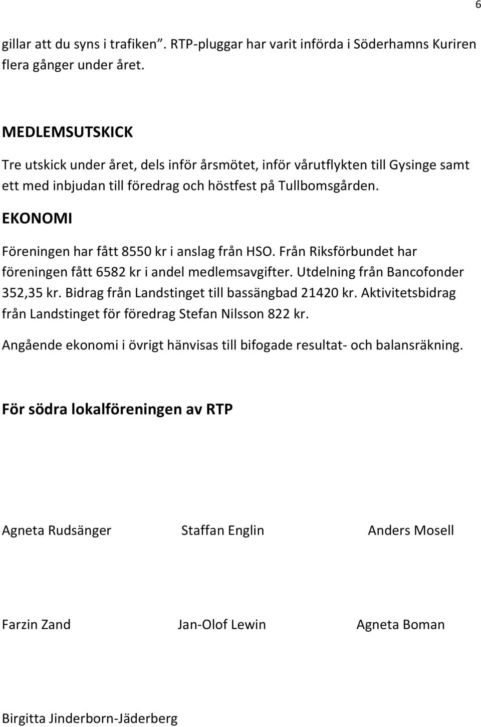 EKONOMI Föreningen har fått 8550 kr i anslag från HSO. Från Riksförbundet har föreningen fått 6582 kr i andel medlemsavgifter. Utdelning från Bancofonder 352,35 kr.