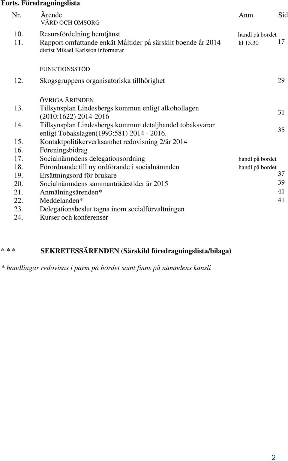 Tillsynsplan Lindesbergs kommun enligt alkohollagen (2010:1622) 2014-2016 14. Tillsynsplan Lindesbergs kommun detaljhandel tobaksvaror enligt Tobakslagen(1993:581) 2014-2016. 15.