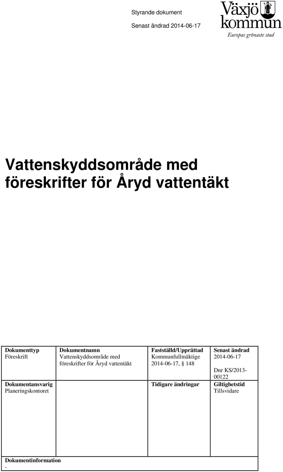 föreskrifter för Åryd vattentäkt Fastställd/Upprättad Kommunfullmäktige 2014-06-17, 148 Tidigare