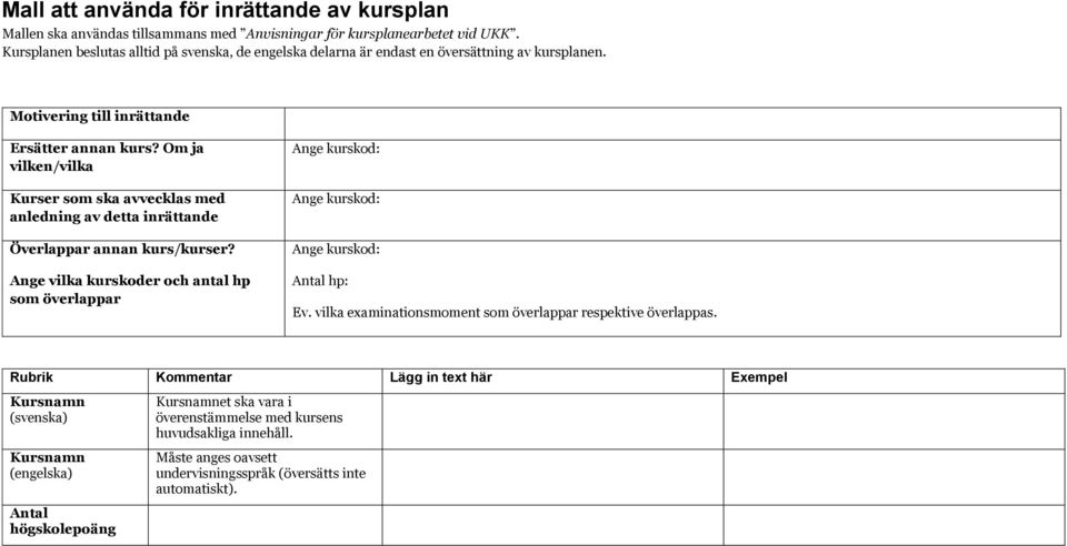 Om ja vilken/vilka Kurser som ska avvecklas med anledning av detta inrättande Överlappar annan kurs/kurser?