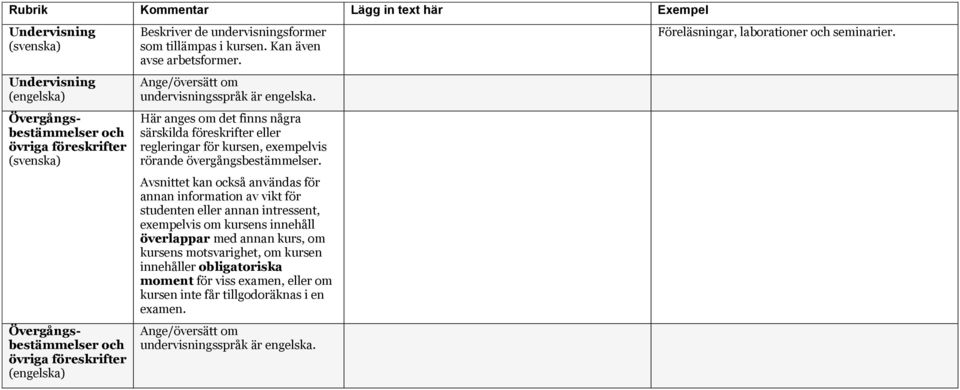 Här anges om det finns några särskilda föreskrifter eller regleringar för kursen, exempelvis rörande övergångsbestämmelser.